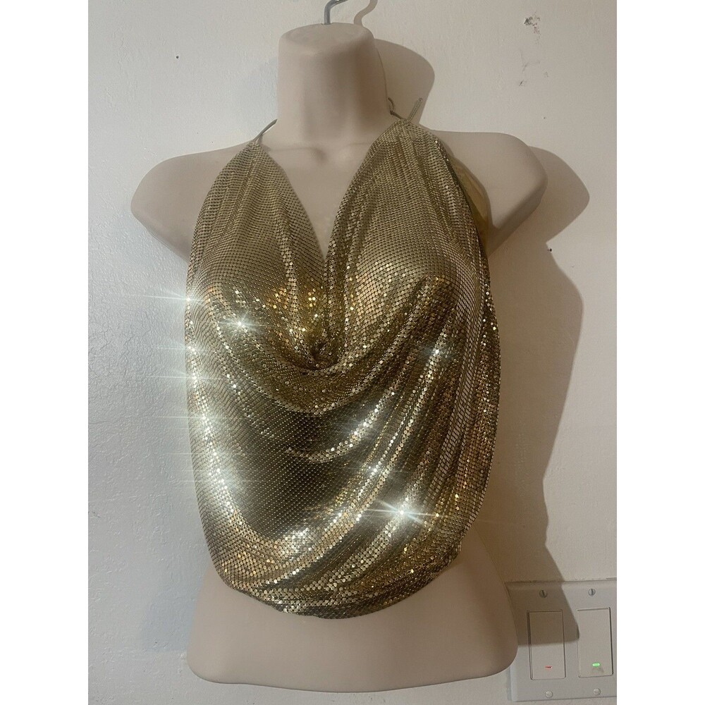 Whiting & Davis Metal Mesh Gold Halter Top 1970s Backless Open Back